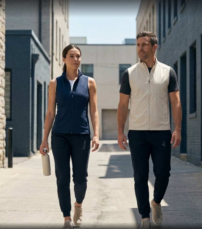 Man and woman walking in summer wearing EarthBae cooling vests — navy and cream, athletic Quiet Luxury styling