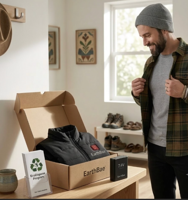 Why I built EcoDispose: EarthBae shipping box with a Heat vest, the 7.4V battery and an EcoDispose battery recycling program flyer