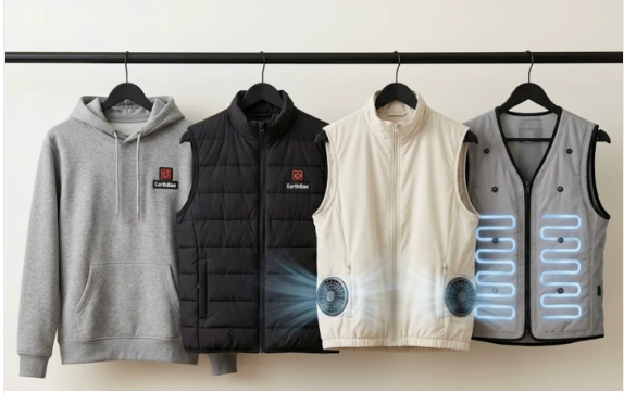 Year-round thermal regulation: EarthBae Core hoodie, Heat vest, Air fan cooling vest and Chill conduction vest on a rail