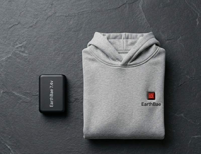 EarthBae Core graphene heated hoodie folded beside its 7.4V battery on a slate background, showing the unified battery standard