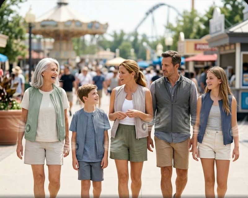 Several generations of a family at a theme park in summer wearing EarthBae Air and Chill thermal active cooling vests
