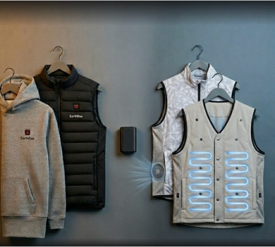 Active thermal regulation apparel: EarthBae Core heated hoodie, Heat vest, Air fan cooling vest and Chill conduction vest with one 7.4V battery