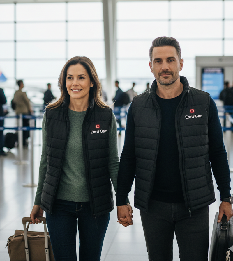 Flying with heated apparel: matte black EarthBae Heat vest and heather grey Core hoodie at an airport gate, red LED lit above each wordmark